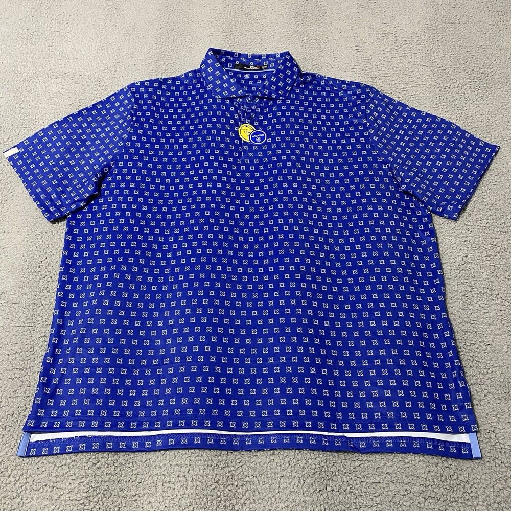 RLX Ralph Lauren Polo Shirt Mens XXL 2XL Blue Geometric All Over Print Golf NEW
